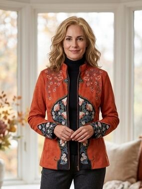 BBWM WOMAN Burnt Orange Faux Suede Embroidered Floral Jacket - Size L